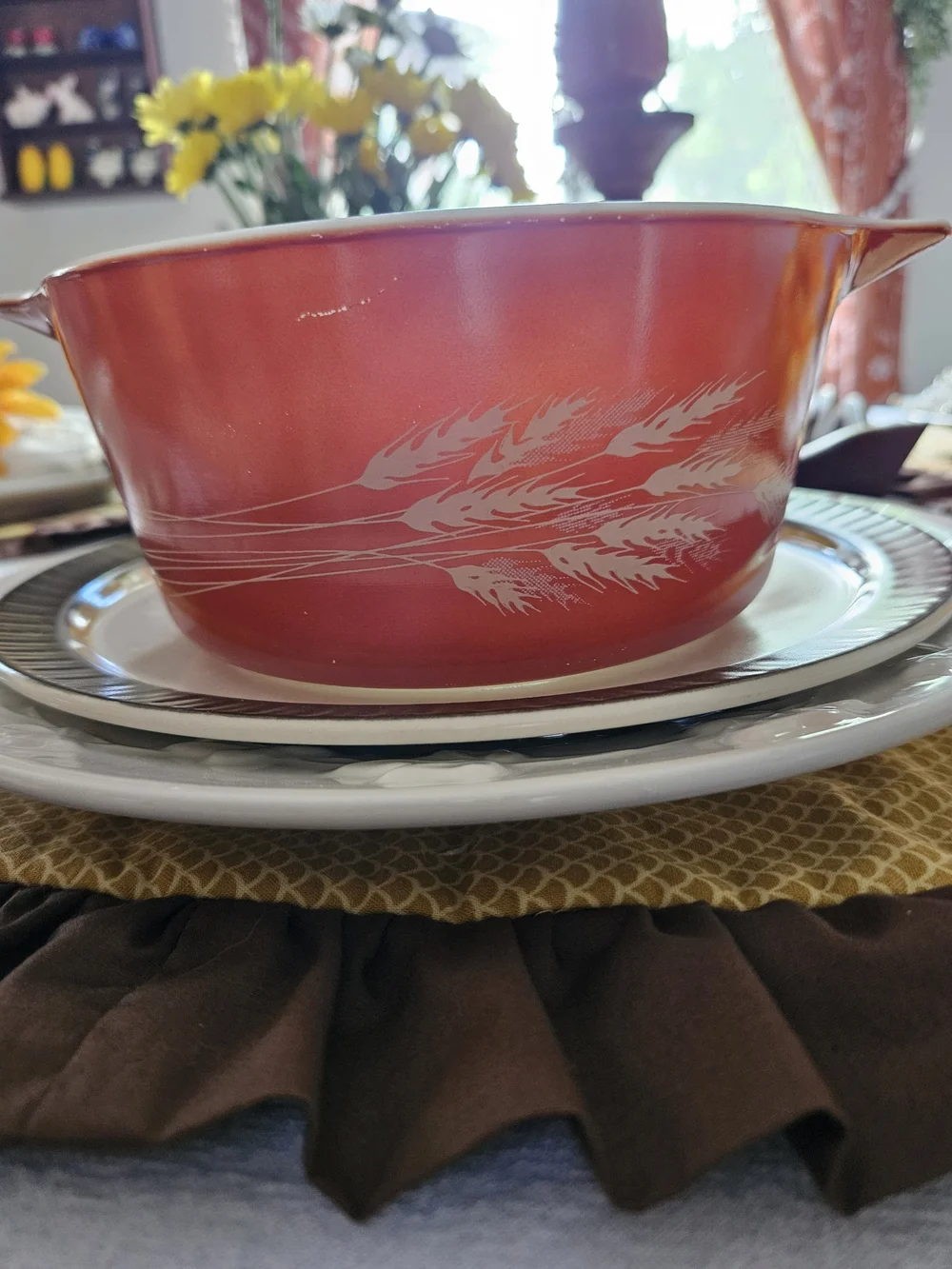 Pyrex Orange Casserole Dish with White Wheat Pattern